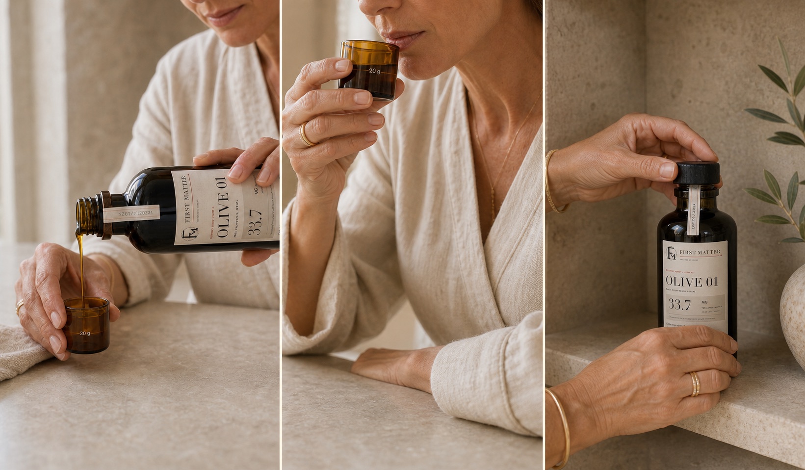 OLIVE 01 being measured, tasted and protected after use