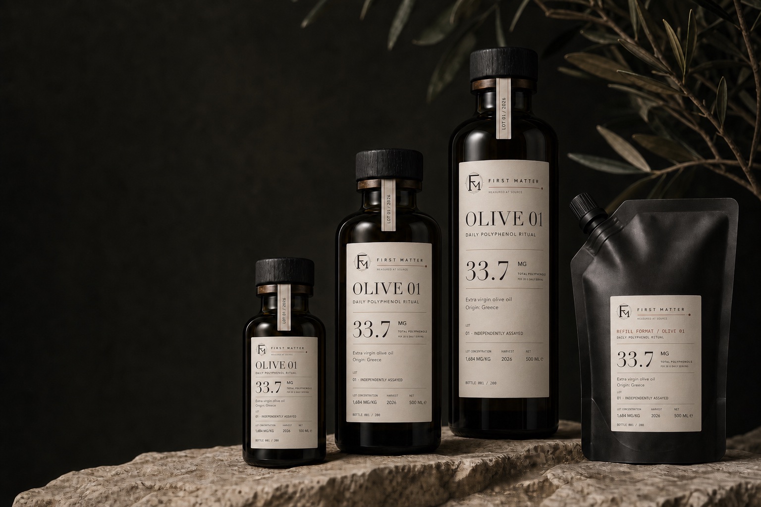 FIRST MATTER OLIVE 01 bottles and refill formats