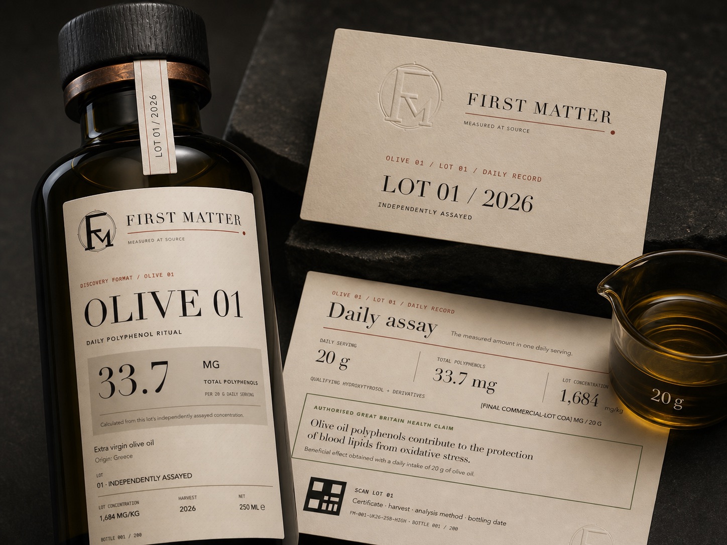 OLIVE 01 bottle beside its matching lot card, daily assay record and 20 gram measure