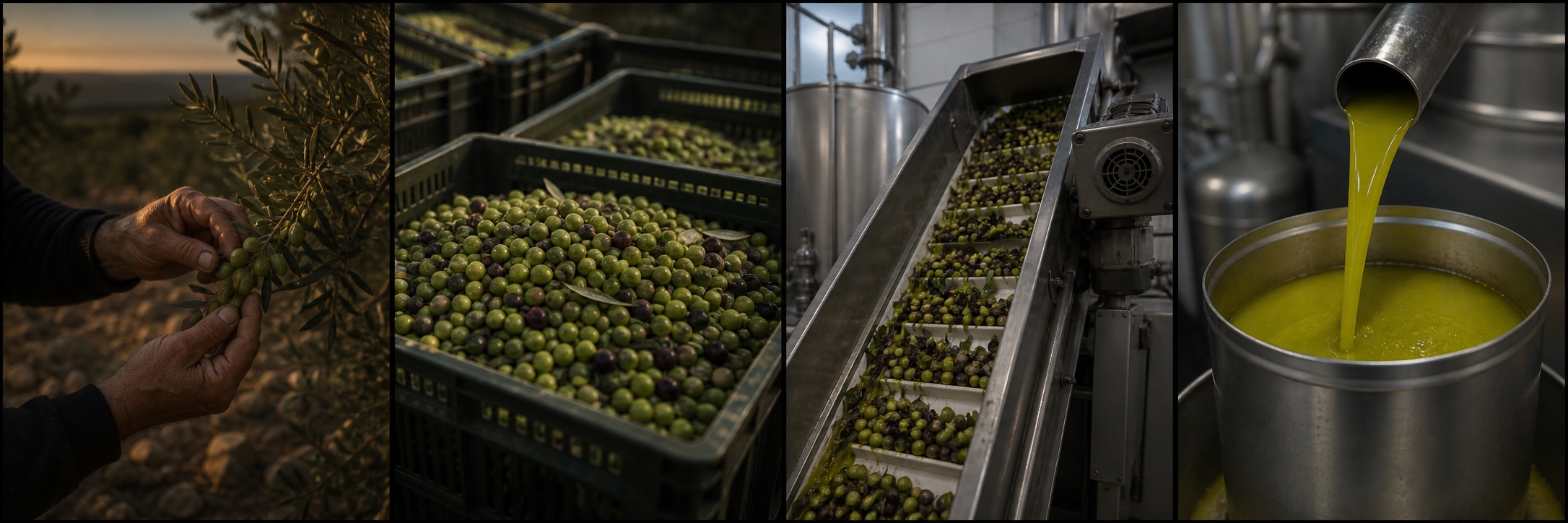Visual sequence from olive harvest to freshly produced olive oil